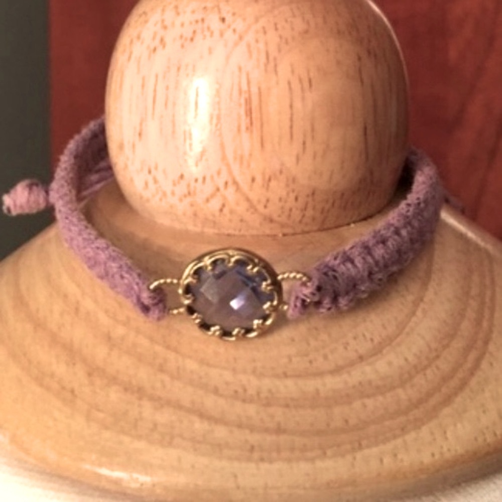 Boho Purple Woven Adjustable Bracelet with Faceted Crystal Charm